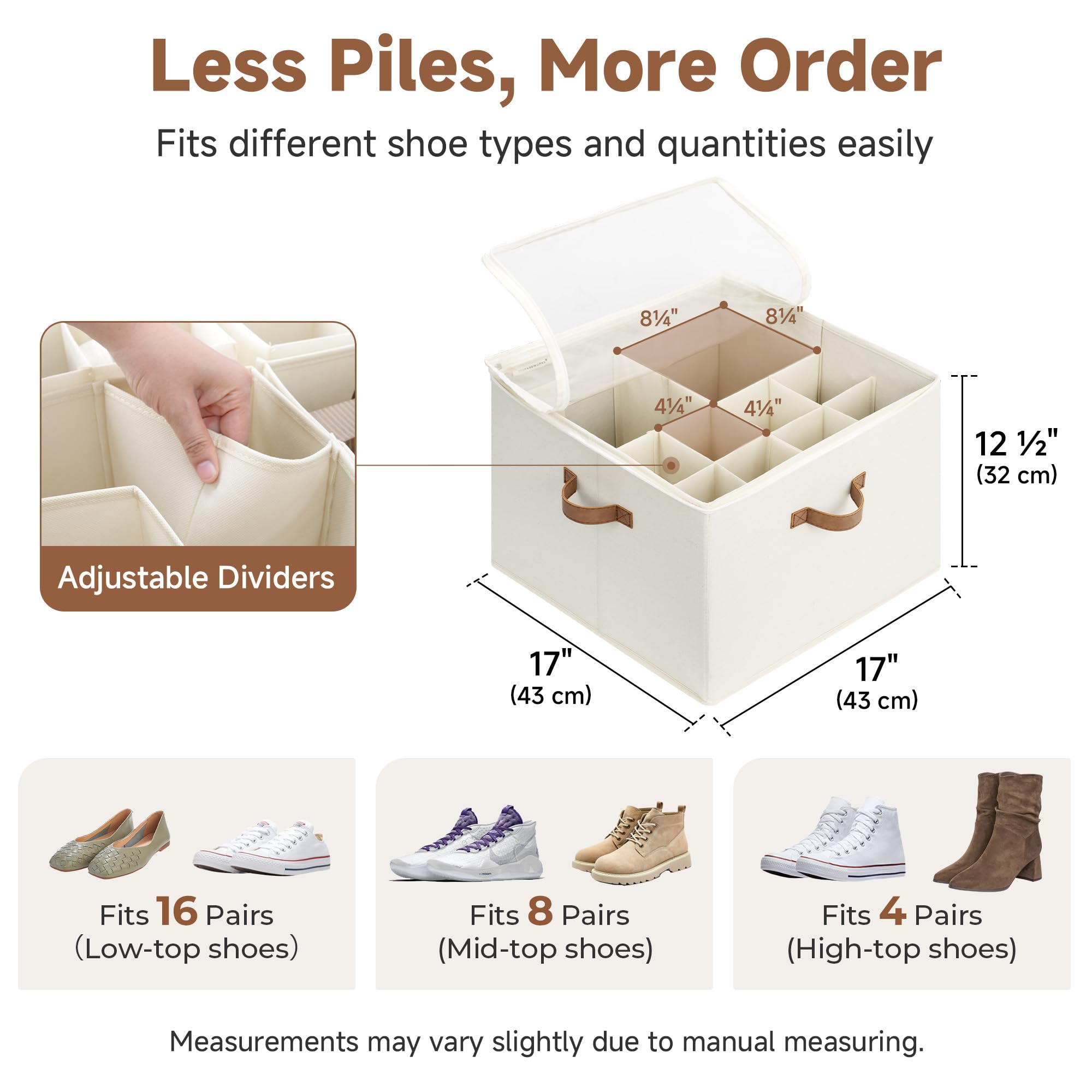 StorageWorks Organizer na buty do szafy 43 x 43 x 32 cm – pojemnik na buty mieszczący do 16 par, materiałowy organizer z regulowanymi przegrodami i przezroczystą pokrywą, beżowo-kremowy