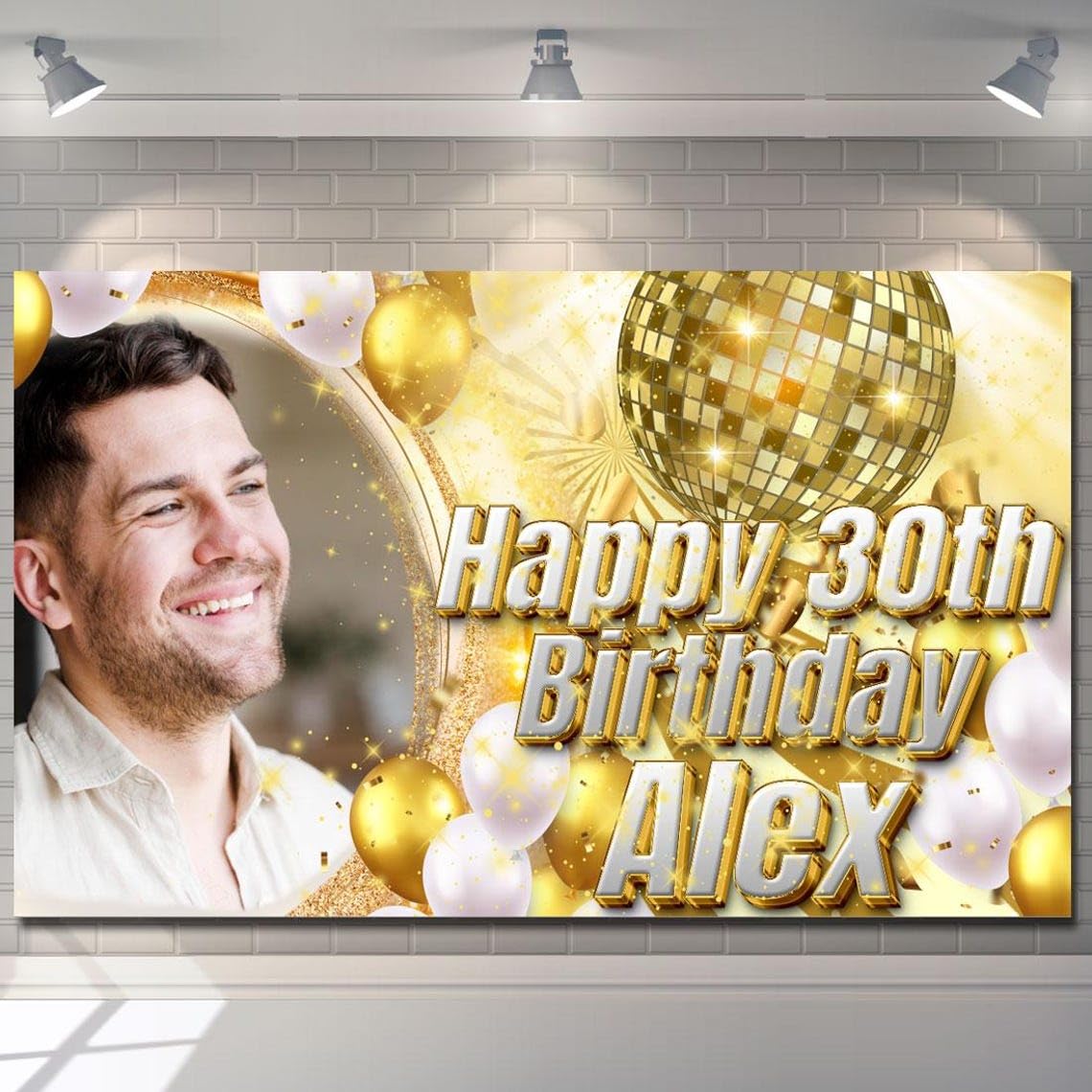 Personalised Birthday Banner-Custom Photo Backdrop White and Gold Disco Ball Balloon Poster-Party Decorations for Men Women, Boys, Girls