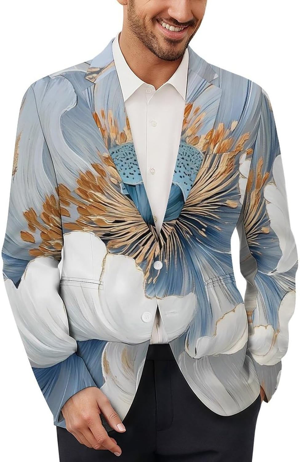 Peony Flower with Golden Lace Suits Blazer for Men Casual Buttons Lapel Jacket Sport Coat