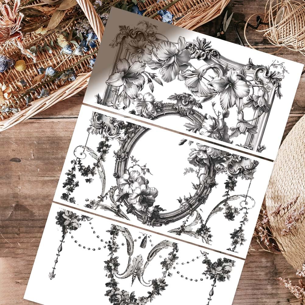 3-Sheet Black Floral Furniture Transfer Stickers - 12x6 Inch Vintage Mirror Decals For Wood & Crafts