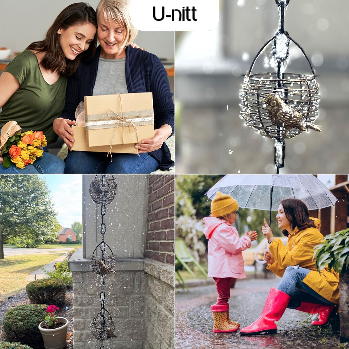 U-nitt Rain Chain Water Collection for Gutters Rainwater Catcher & Diverter, 8.5 FT Chains for Outside Garden, Antique Bird Nest Cups, Roof Downspout, Works with Heavy Rain, Gutter Clip for Rainchains