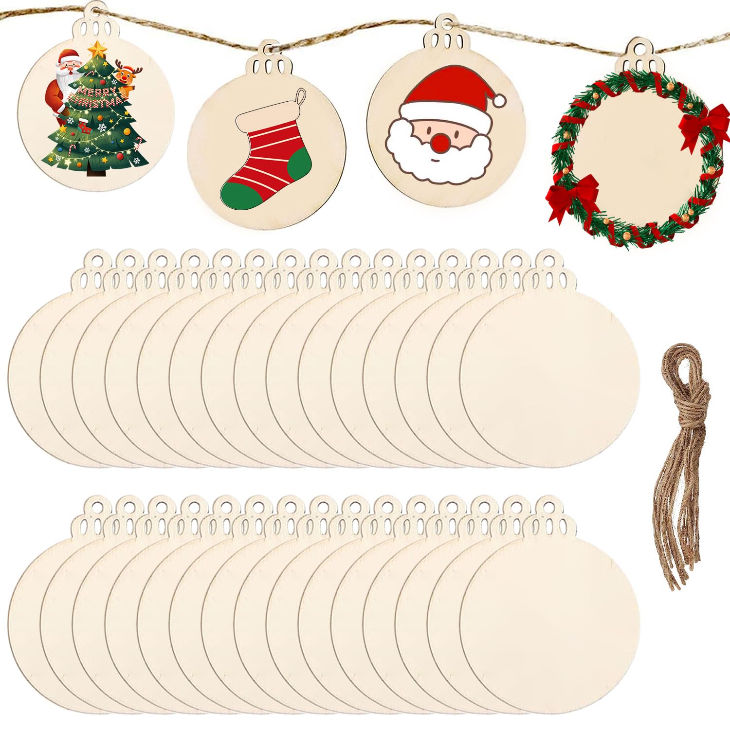 DRERIO 30 Bolas Navidas de Madera, Bolas de Navidad para Personalizar, Adornos Arbol Navidad con 30 Cuerdas Decoración Manualidades Navidad DIY Bolas para Etiquetas de Regalo y Adornos Decorativos