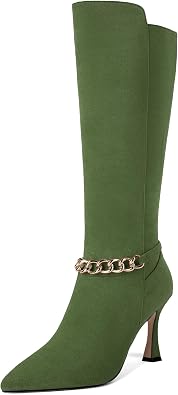 AMBELIGHT Womens Dress Solid Chain Pointed Toe Suede Bridal Zip Stiletto High Heel Mid Calf Boots 3.3 Inch