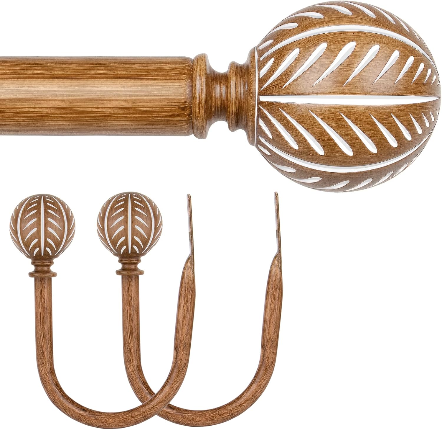 KAMANINA Wood Curtain Rods for Windows 72 to 144 Inch(6-12ft), 1 Inch Adjustable Drapery Rod, Decorative Heavy Duty Curtain Rods with Leaf Pattern Finials and Holdbacks, Wood Grain