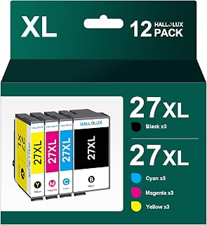 HALLOLUX 12-Pack 27XL Ink Cartridges Replacement for Epson 27 XL Compatible for WorkForce WF 3620DWF 3640DTWF 7720DTWF 7715DWF 7710DWF 7620DTWF 7610DWF 7210DTW 7110DTW (Black/Cyan/Magenta/Yellow)