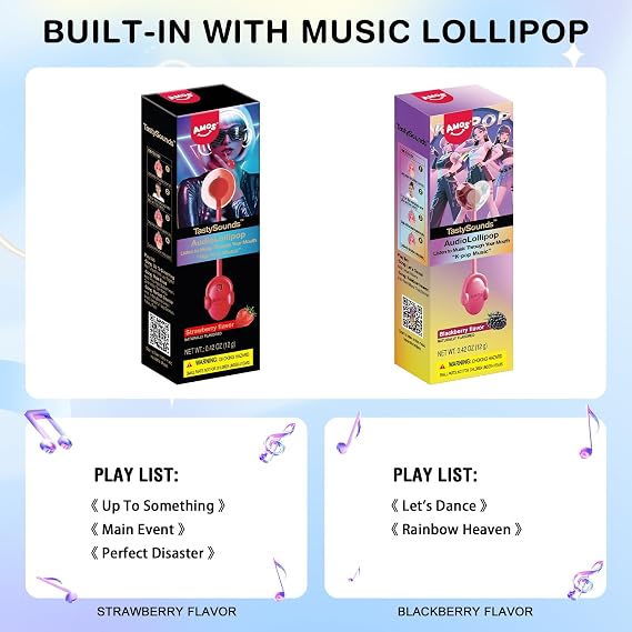 Amos Music Lollipop Candy Suckers, Singing Lollipop Sugar Free, Unique Men &Women, Individually Wrapped Strawberry&Blackberry Flavor Combo Pack - 2P