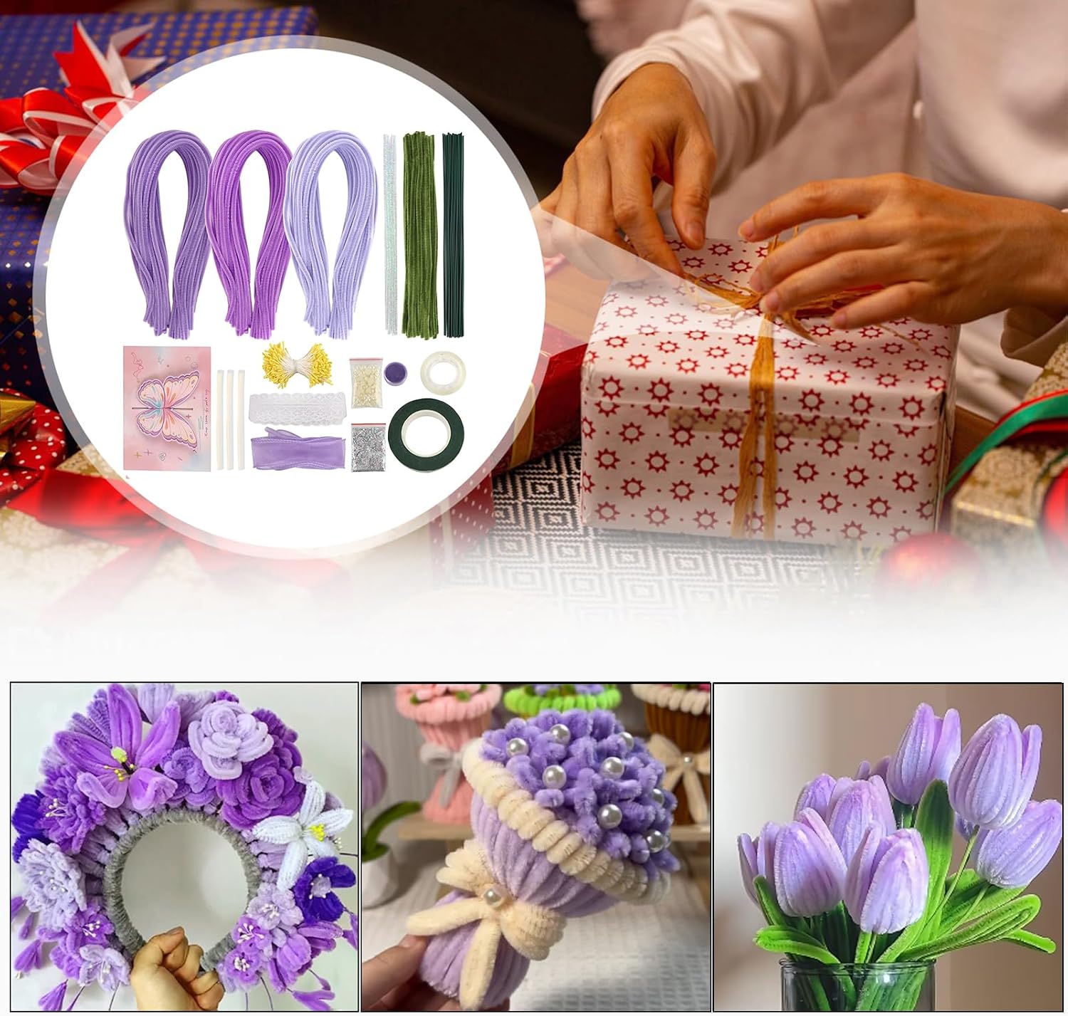 TOAOB 413pcs Overlength Pipe Cleaners Crafts Set 24 Inch Purple Long Fuzzy Chenille Stems Craft Thick Pipe Cleaners Flowers Animals for DIY Art Craft Supplies Bouquets Decorations