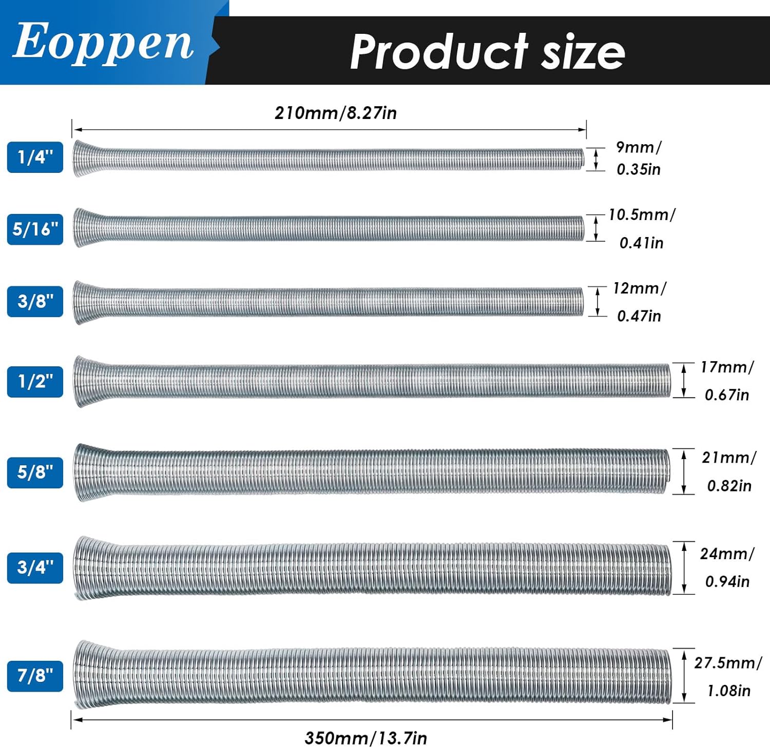 7Pcs Spring Tubing Benders Kit 1/4, 5/16, 3/8, 1/2, 5/8, 3/4 and 7/8 Inch Tube Bender Set for Copper, Brass, Aluminum and Thin Steel Tube