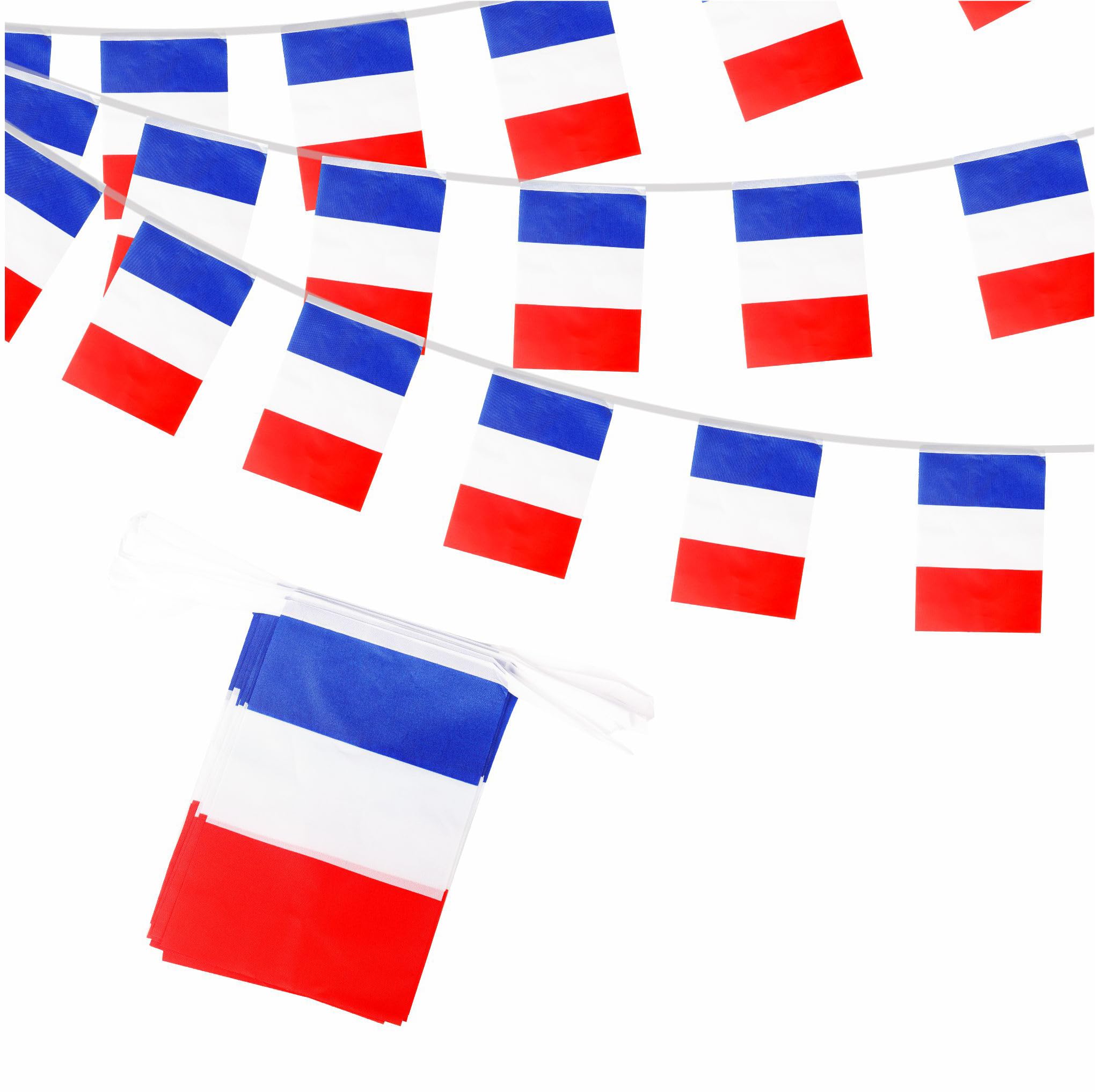 Guirlande de 30 drapeaux de la France - 14 x 21 cm - 10 m - Motif football européen 2024 - Décoration de fête pour événements sportifs - Intérieur ou extérieur - Jardin - Bar