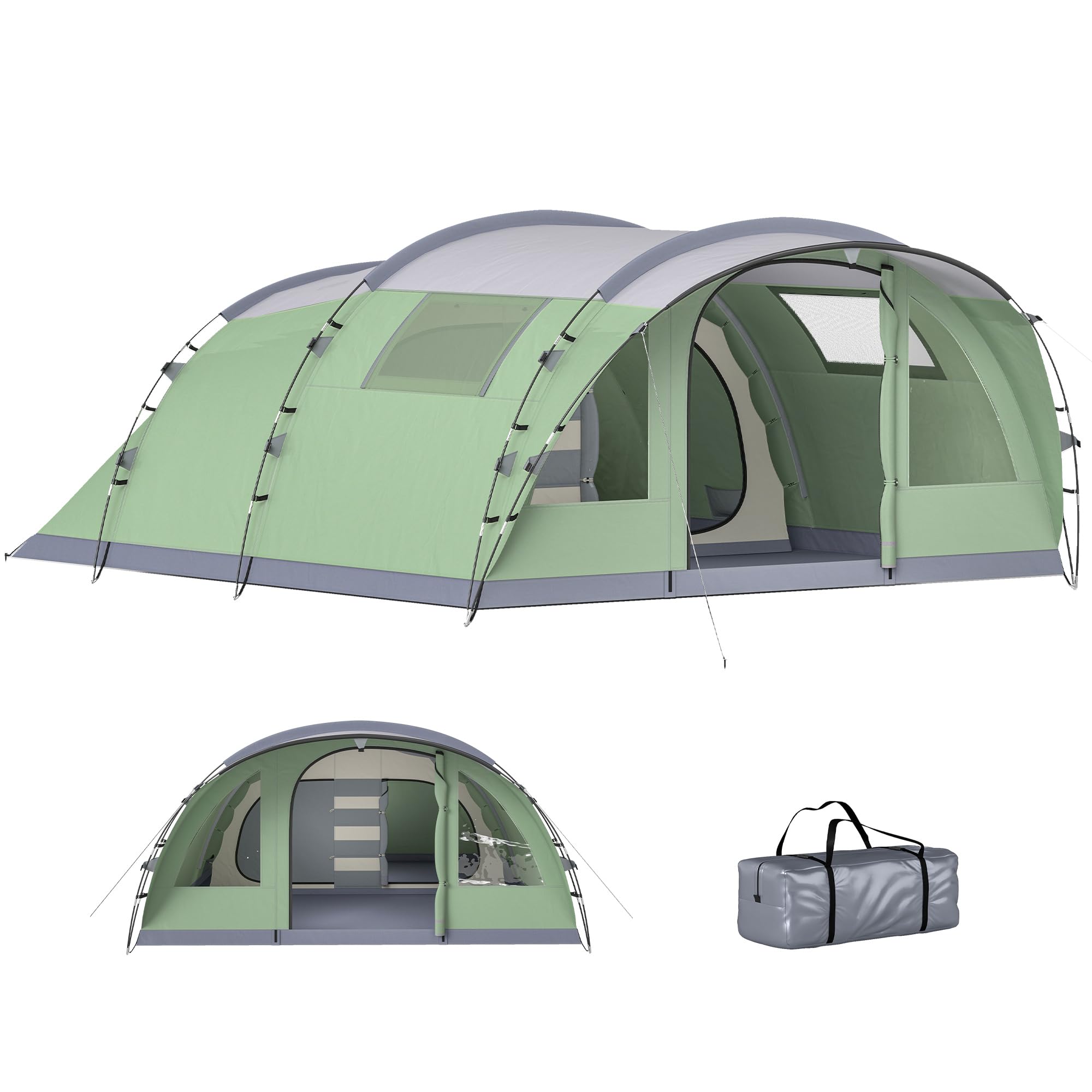 Outsunny Tienda de campaña Tipo túnel para 2-4 Personas, 196 cm de Altura, con 2 Habitaciones, Tienda de campaña Familiar Impermeable 3000 mm con Porche, 4 Ventanas, Gancho, Bolsa de Transporte, para
