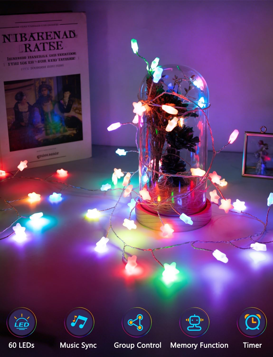 echosari Smart Star Fairy Lights Plug in with Timer App Remote Control | 16 Million Color Changing String Lights RGB Built in Chip 10Ft USB String Lights for Halloween Christmas Indoor Outdoor Decor