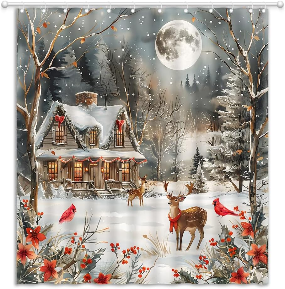 JEJOMEAG Merry Christmas Shower Curtain Winter Farmhouse