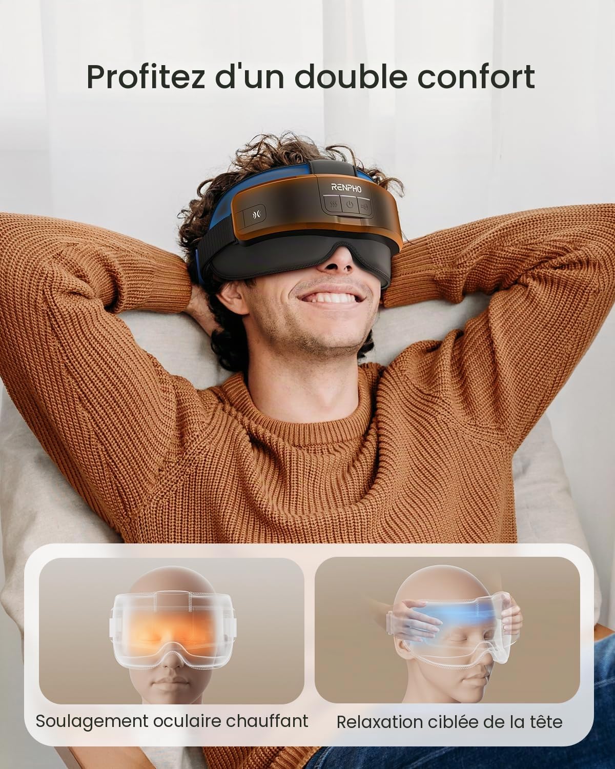 RENPHO Masseur Oculaire avec Chaleur, Masque Chauffant Yeux, Masseur Tête électrique avec Musique Bluetooth, Masseur Tete pour le Front, l'arrière de la tête et Les Tempes, Massage Yeux, Cadeau Femme