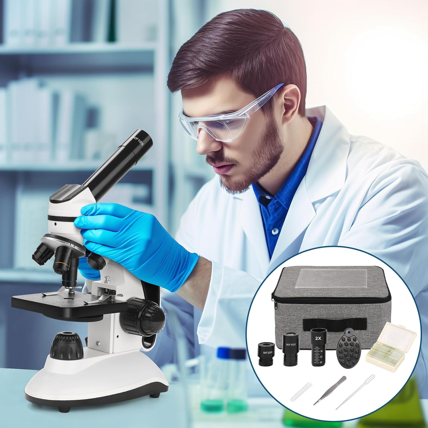 Box of prepared specimen slides and blank slides included with the microscope