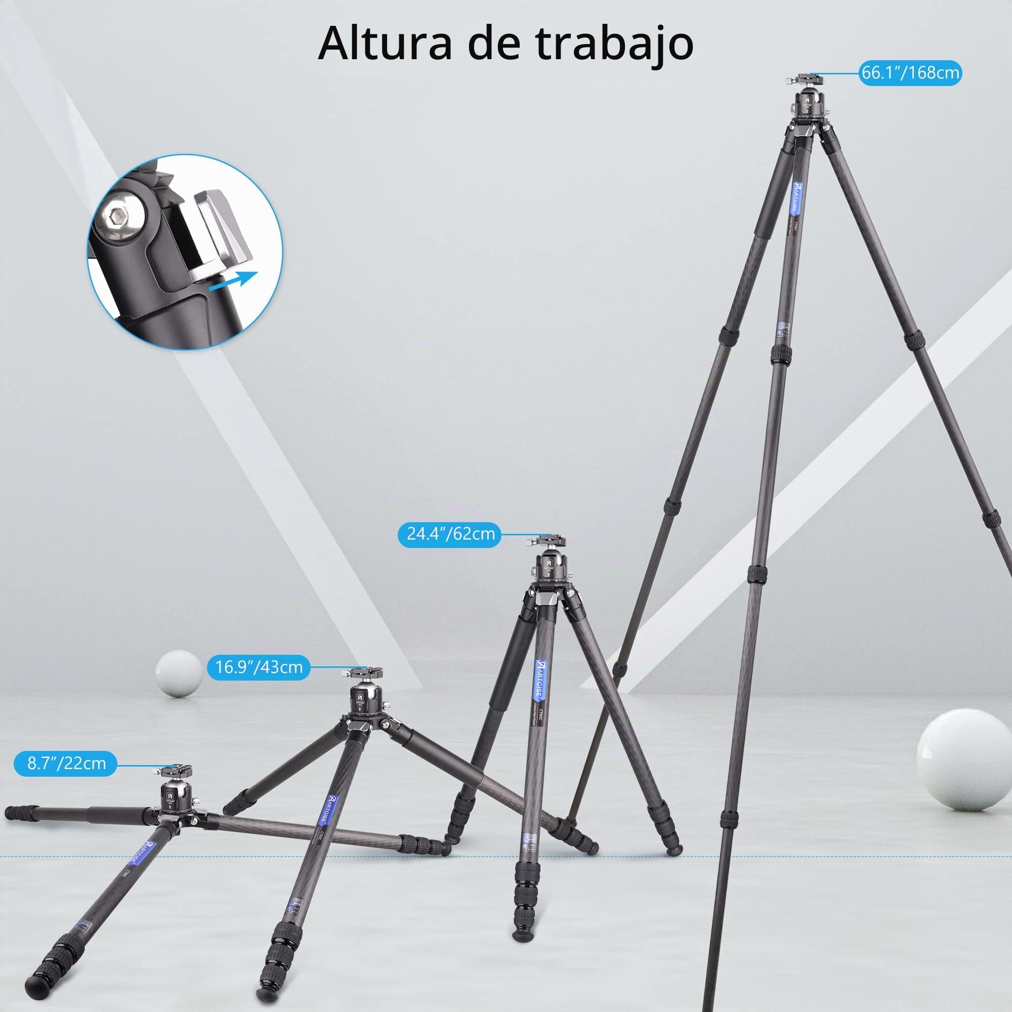 ARTCISE - Trípode de Fibra de Carbono con Cabezal de Bola de Perfil bajo de 52 mm y Bolsa de Piedra, Soporte de cámara de Viaje Resistente para videocámara Canon Sony Nikon DSLR, Carga máxima de 25KG