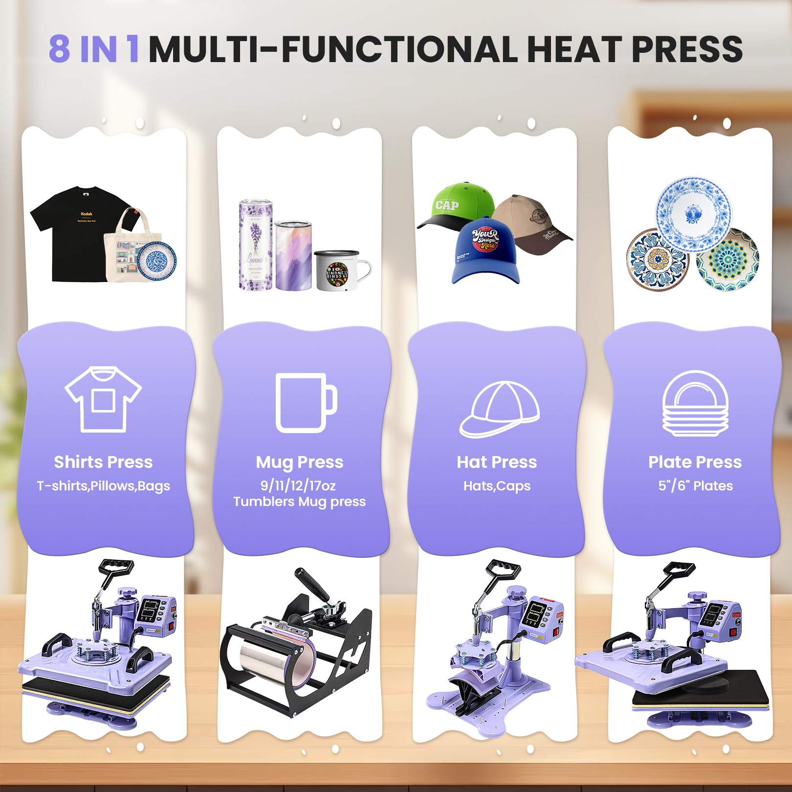 Transferpresse 38x30cm, 5-in-1- Professionelle Multifunktionale Heißpresse it Aufsatz für Becher, 360° schwenkbare, Sublimationsmaschine DIY für T-Shirts, Mützen, Becher, Tassen und Teller