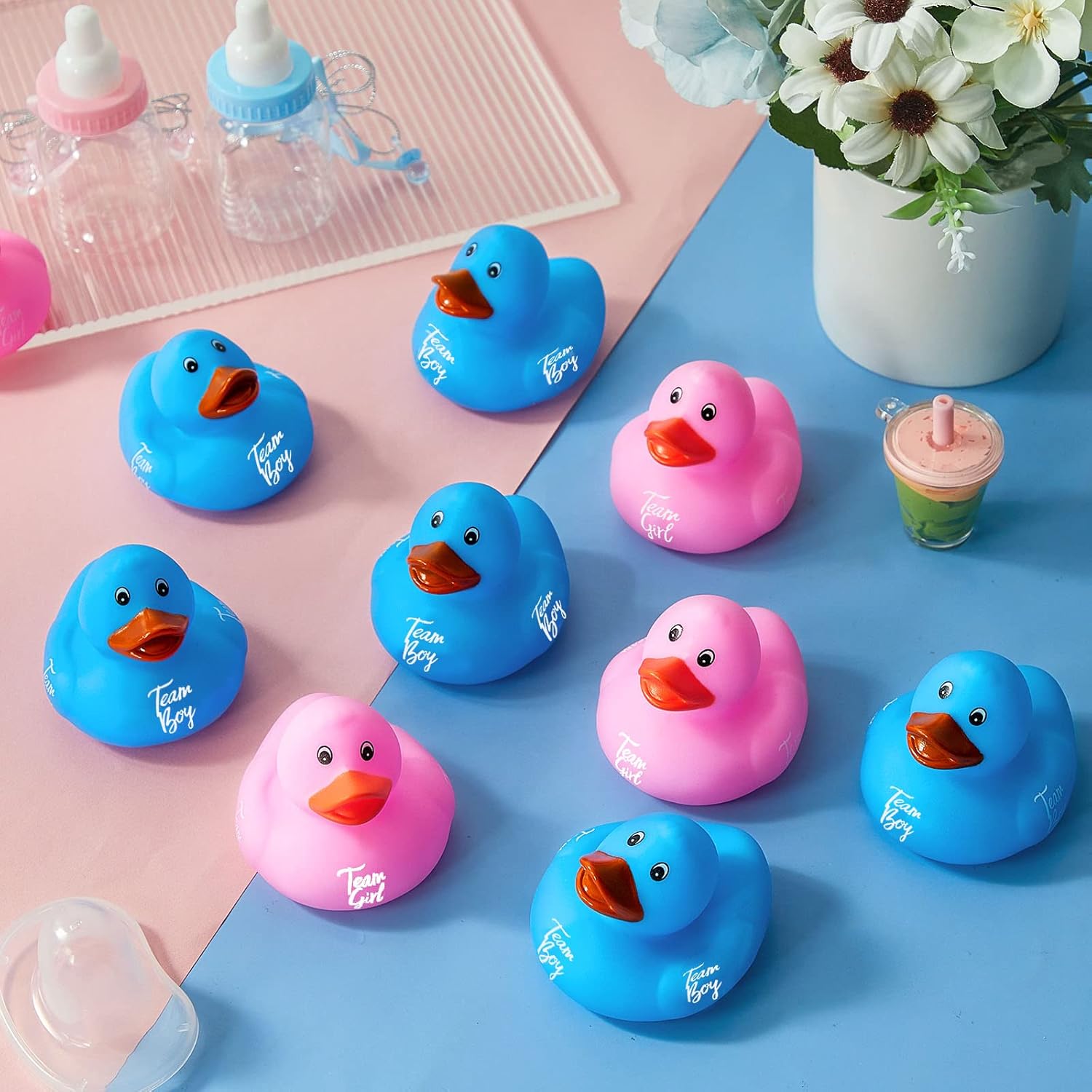 Deekin 24 Pieces Pink Blue Gender Reveal Rubber Ducks in Bulk Mini Ducky Bath Toys Small Ducks for Baby Shower Gender Reveal Party Favor Decorations(Team Boy / Girl)