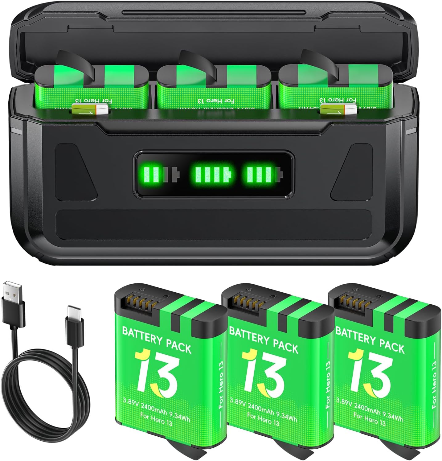 Bateria Hero 13 2400mAh z ładowarką do Go pro Hero 13 Black - Ładownica do baterii z wyświetlaczem LCD, gniazdo do kart TF, odpowiednia do niskiej temperatury, ładowarka formatu kieszeniowego