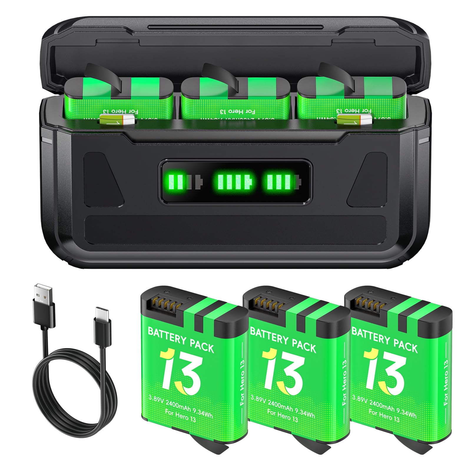 Bateria Hero 13 2400mAh z ładowarką do Go pro Hero 13 Black - Ładownica do baterii z wyświetlaczem LCD, gniazdo do kart TF, odpowiednia do niskiej temperatury, ładowarka formatu kieszeniowego