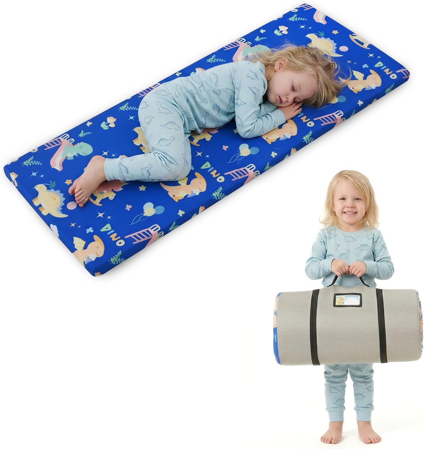 Vekkia Toddler Foam Rest Mat, Thick Supportive Resting Mat for Kids | Portable Roll-Up with Carry Handle/Dino Print, Washable Cover/Waterproof Non-Slip/for Daycare Preschool Travel, Boys Girls