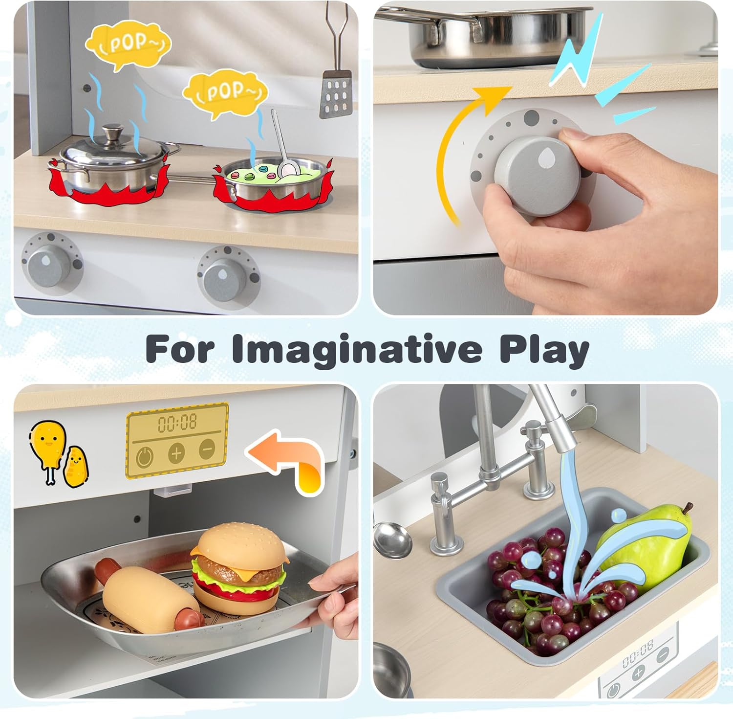 HONEY JOY Kids Kitchen Playset, Double Side Little Chef Play Kitchen for Toddler & Restaurant, Cookware, Microwave, Sink, Storage Cabinet, Wooden Pretend Play Toy Kitchen Set, Gift for Boy Girl, Gray