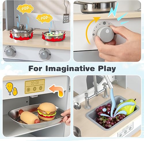 Miniatura 4 de HONEY JOY Juego de cocina para niños, cocina de doble cara para niños pequeños y restaurantes, utensilios de cocina, microondas, fregadero, gabinete