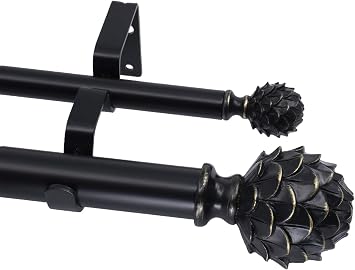 1-Inch Diameter Double Window Treatment Curtain Rod, Artichoke Finial, 36" to 72" Adjustable, Black Finish