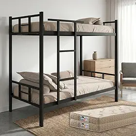Cama Beliche Solteiro Metálica Industrial Reforçada Segurança Adulto E Jovem Inclui Dois Colchões D33 Com Suporte Ideal (Preto)