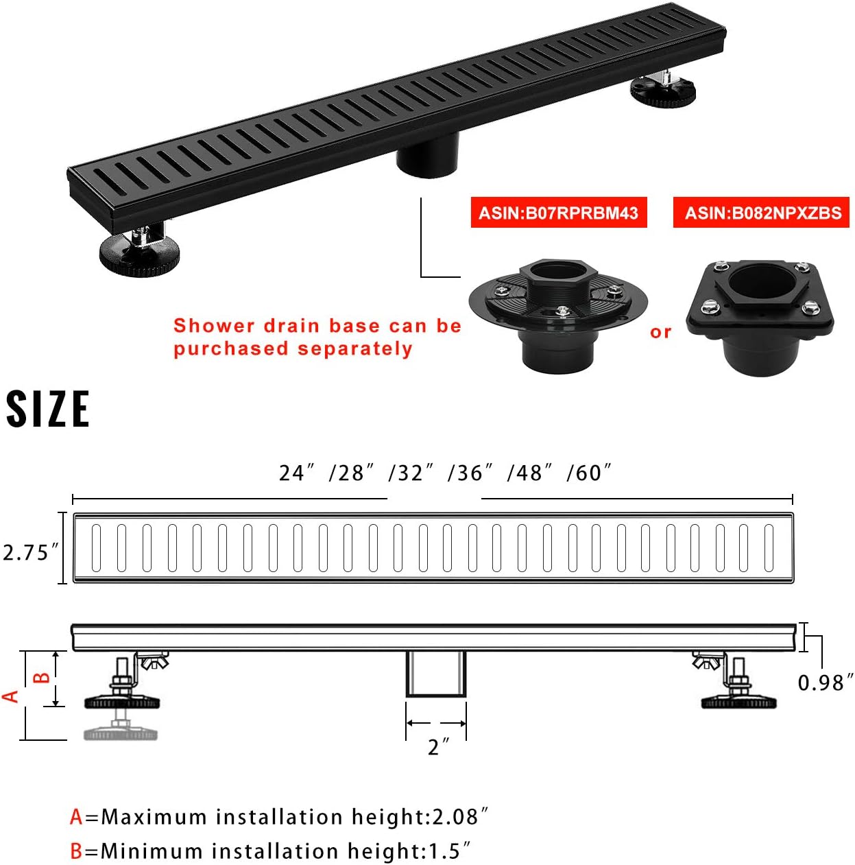 Bеѕt Prоmо SaniteModar Linear Shower Drain 24 inch Matte Black with Removable Capsule Pattern Grate,Brushed 304 Stainless Steel Shower Drain Include Hair Strainer,Adjustable Leveling Feet……
