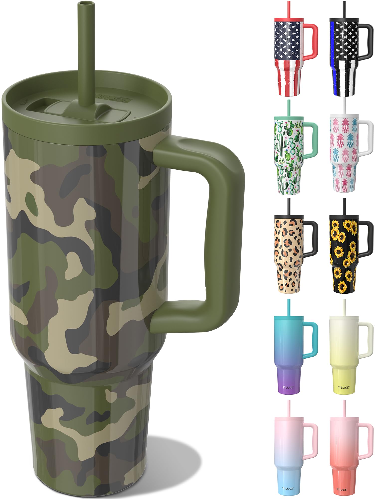 TILUCK40 oz Tumbler with Handle and Straw Lid, Leak-Proof Cupholder Friendly Travel Mug, Stainless Steel Double Wall Vacuum Insulated Tumbler for Water, Iced Coffee or Tea (Camouflage)