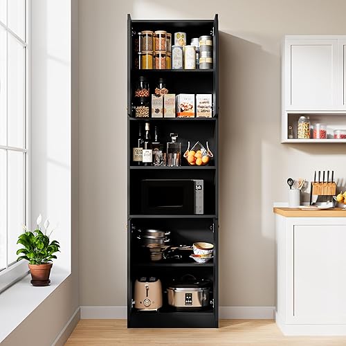 Miniatura 5 de Cozy Castle Kitchen Pantry Cabinet, 75" Tall Wood Storage Cabinet with Doors and Shelves, 4 Doors Open Countertop Utility Hutch Cupboard for Dining