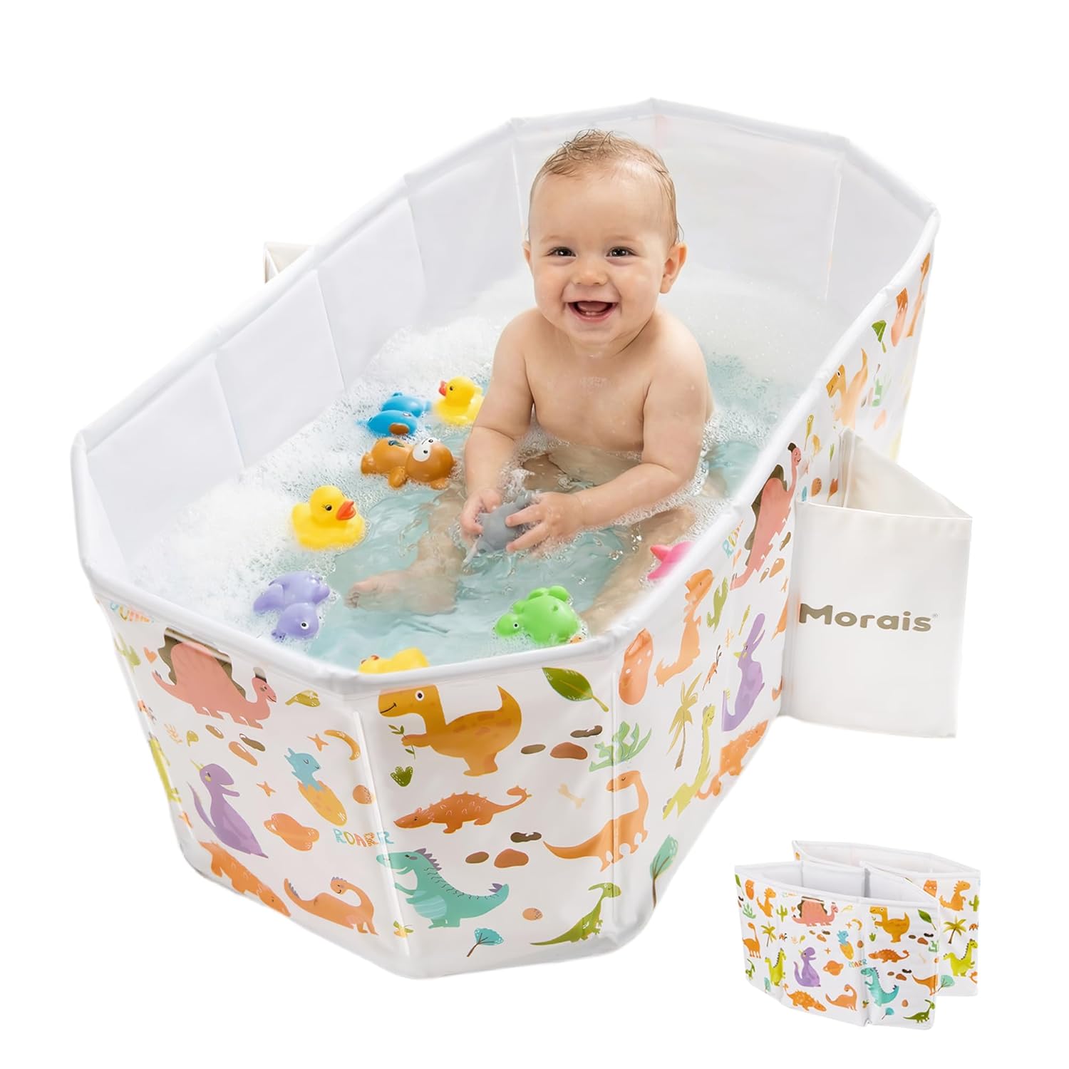 MORAIS Toddler Bathtub Collapsible & Portable, Foldable Baby Bath Tub for Shower & Travel, Dual Drain Plug with Thick Padded Bottom, Easy to Clean, Space-Saving Tub, 12 Months+