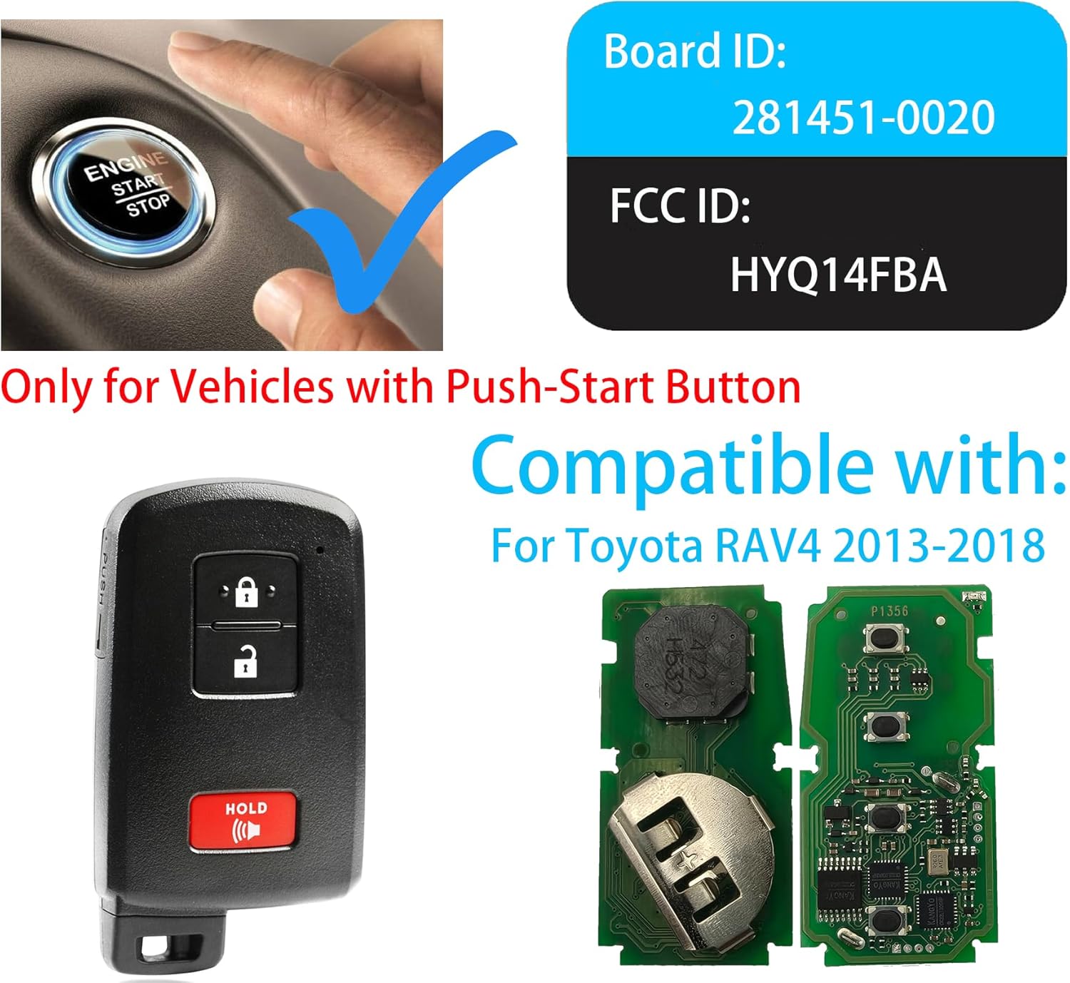 Smart Key Fob for Toyota RAV4 2013-2018, Alliskeys Proximity Remote Control Key Fob Compatible for Toyota RAV4 2013-2018 HYQ14FBA 89904-52290 281451-0020