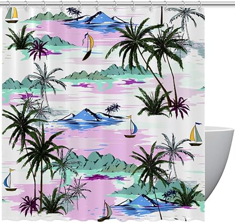Amazon Royallove シャワーカーテン 150 180cm島 ヤシの木 海 お風呂 浴室カーテン バスカーテン バス用品 目隠し用 薄手 ポリエステル シャワーカーテン ホーム キッチン オンライン通販