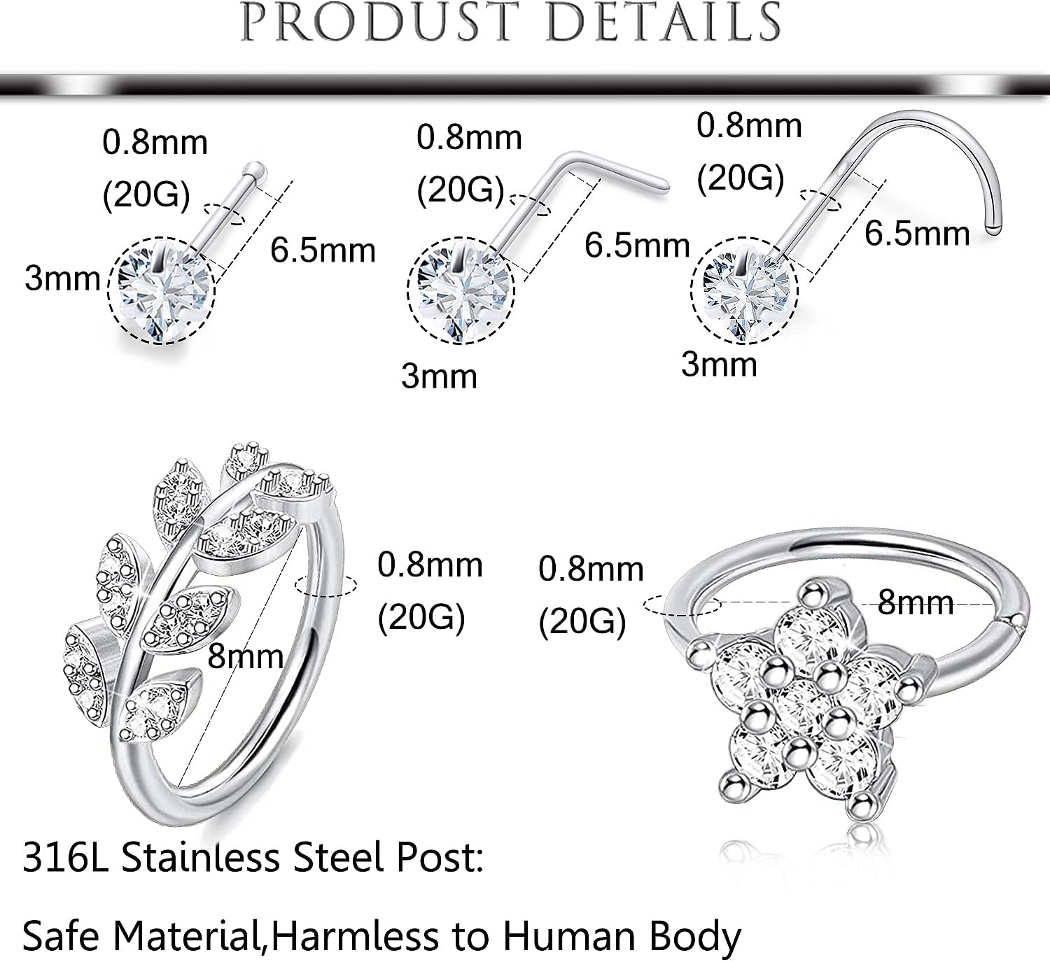 Hoeudjo 20G Nose Rings - Surgical Steel Nose Piercing Jewelry Hoop & Studs for Women & Men