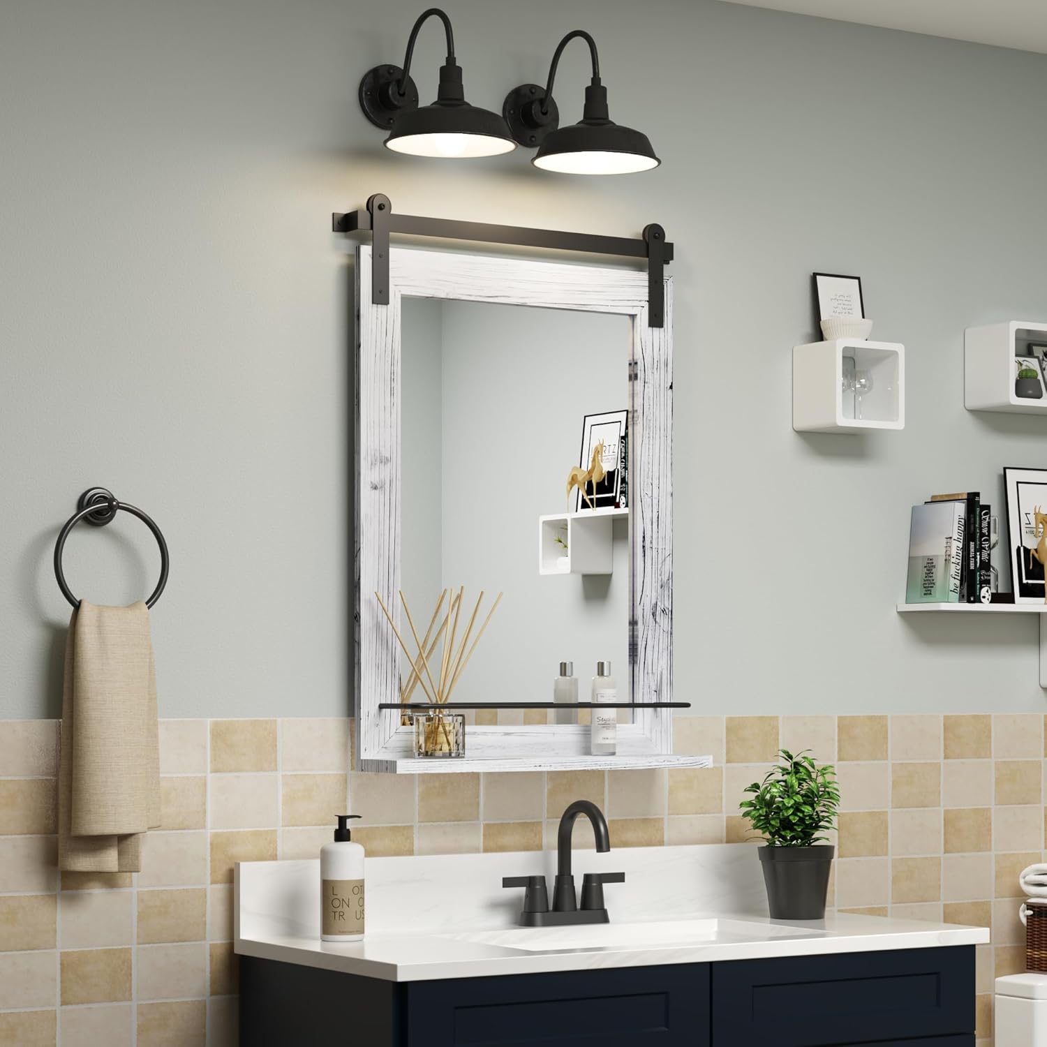 Amazon.com: COGOOD Farmhouse Bathroom Mirror with Shelf - 30 x 21 Rustic Barn Door Wall Mirror ...