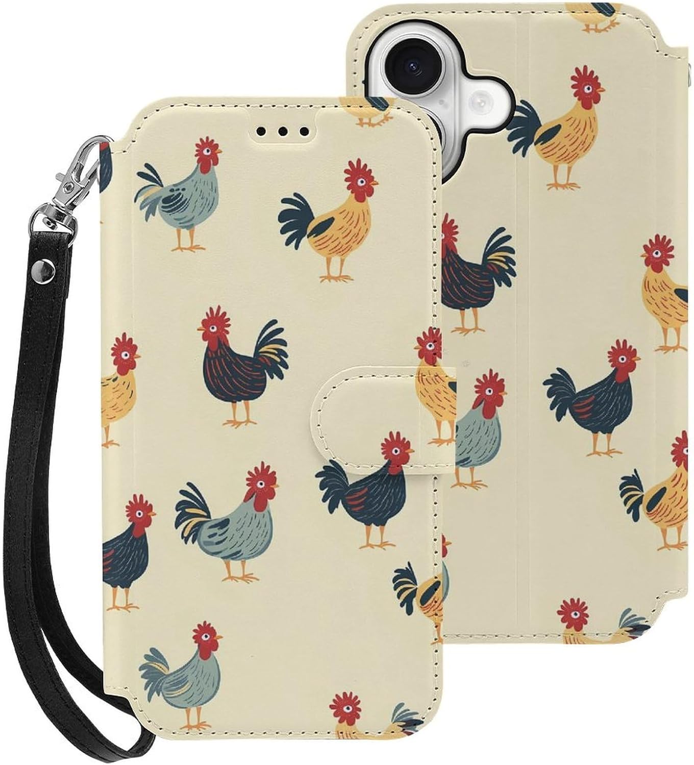 Roosters Chicken Compatible with iPhone 16/16 Plus/16 Pro/16 Pro Max/16 E Case Phone Wallet Card Holder Flip Cover with Wrist Strap