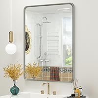 Vista 67 de OKPAL 16x24 Espejo de baño de bronce, espejo de marco de bronce rectangular redondeado, espejo de tocador de baño de bronce cepillado para montar