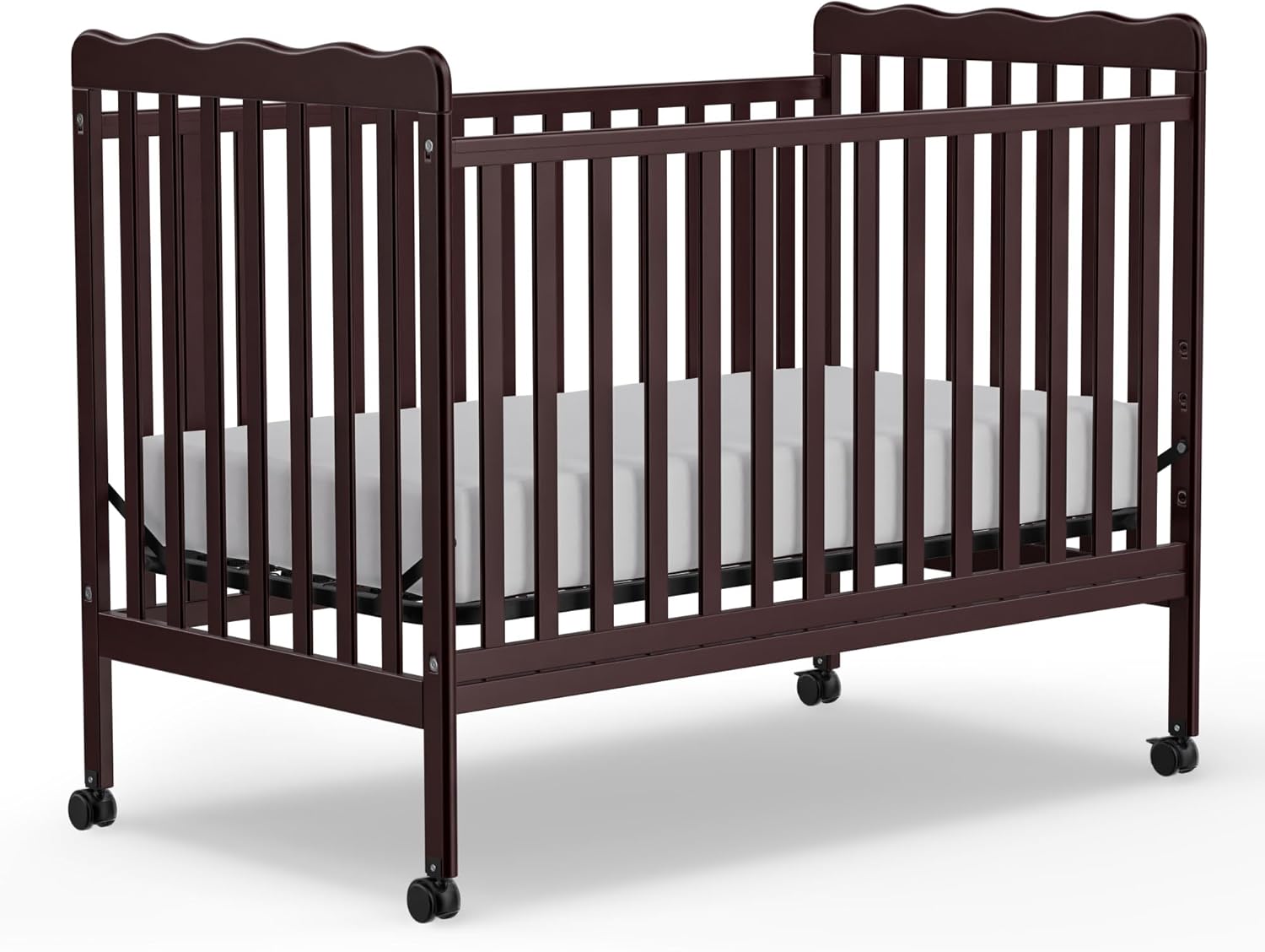 Baby Crib, 3-in-1 Convertible Crib Wood Full Size Toddler Bed with Locking Wheels for Nursery Furniture, Non-Toxic Finish (Espresso)