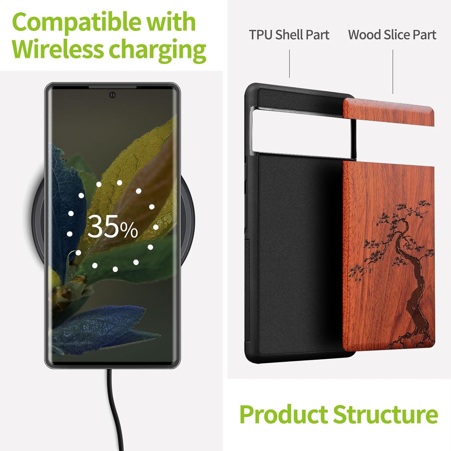 Carveit Wood Case for Pixel 8 Pro Case [Natural Wood & Black Soft TPU] Shockproof Protective Unique Wooden Cover Compatible with Google Pixel 8 Pro (Majestic Pine Tree-Rosy)