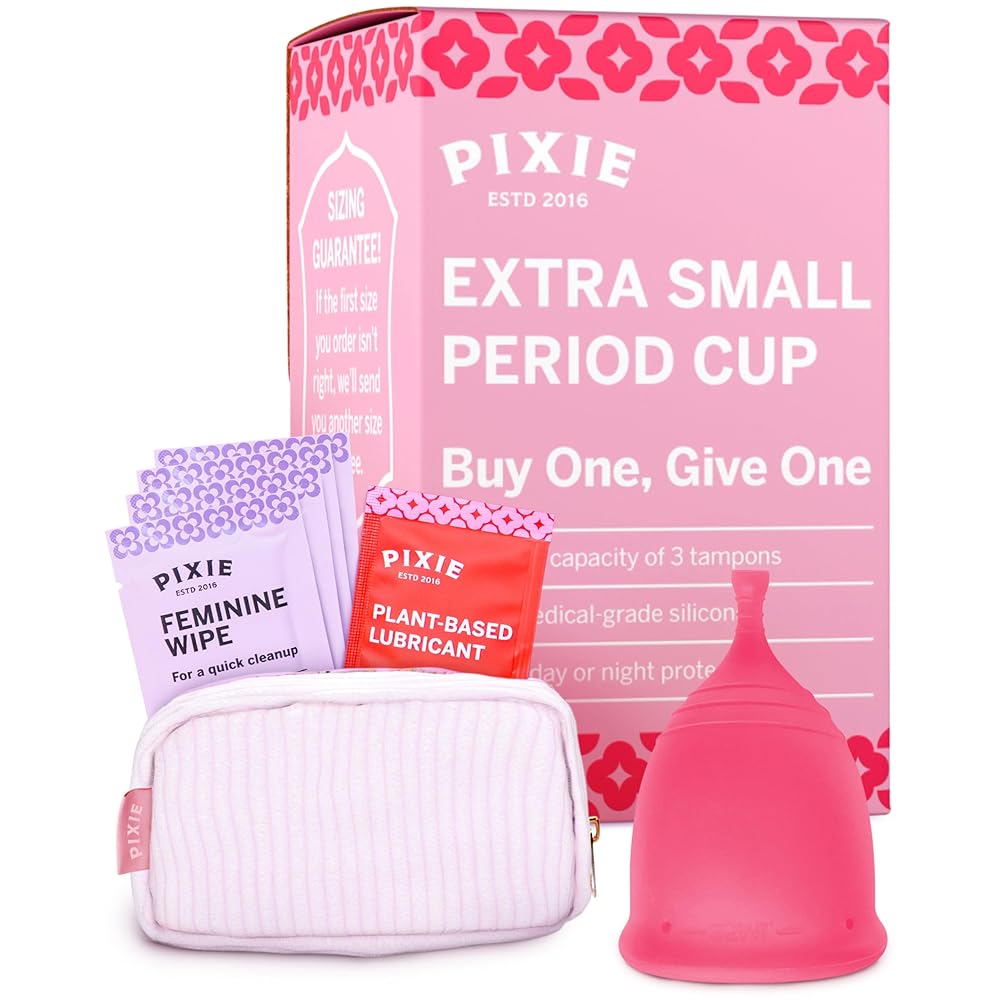 Pixie Menstrual Cup - No Metals or Toxins - Ranked 1 for The Most Soft Reusable Period Cup - Wear 12 Hours - 100% Medical-Grade Silicone - Tampon Alternative - Buy One We Give One - Extra Small