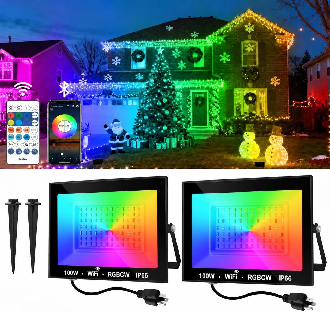 RGB LED Flood Light Outdoor 1000W Equivalent, 100W Bluetooth RGBCW Smart Floodlights 2700K, 16 Million Color Changing, Timing, Music Sync, IP66 Waterproof Landscape Light with US Plug (2 Pack)