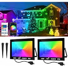 RGB LED Flood Light Outdoor 1000W Equivalent, 100W Bluetooth RGBCW Smart Floodlights 2700K, 16 Million Color Changing, Timing, Music Sync, IP66 Waterproof Landscape Light with US Plug (2 Pack)