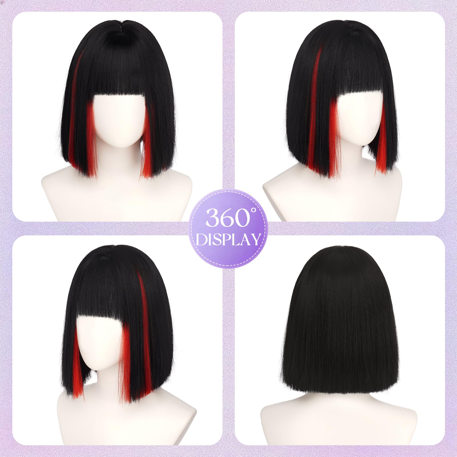 Sofeiyan Peluca con Mucho Volumen,30 cm Pelucas Cabello Natural | Peluca Corta Lisa Bob con Flequillo,Pelucas Sintética para Mujer Diario Fiestas Carnaval Cosplay,Negro con Mechones Rojos