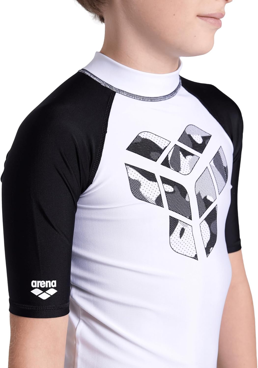 ARENA Unisex Kids Junior Rash Vest Graphic Print Short Sleeves Quick Drying Soft Swim Shirt with UV Sun Protection UPF 40+ Lightweight for Pool Beach Swimming, White/Black, US Size 30
