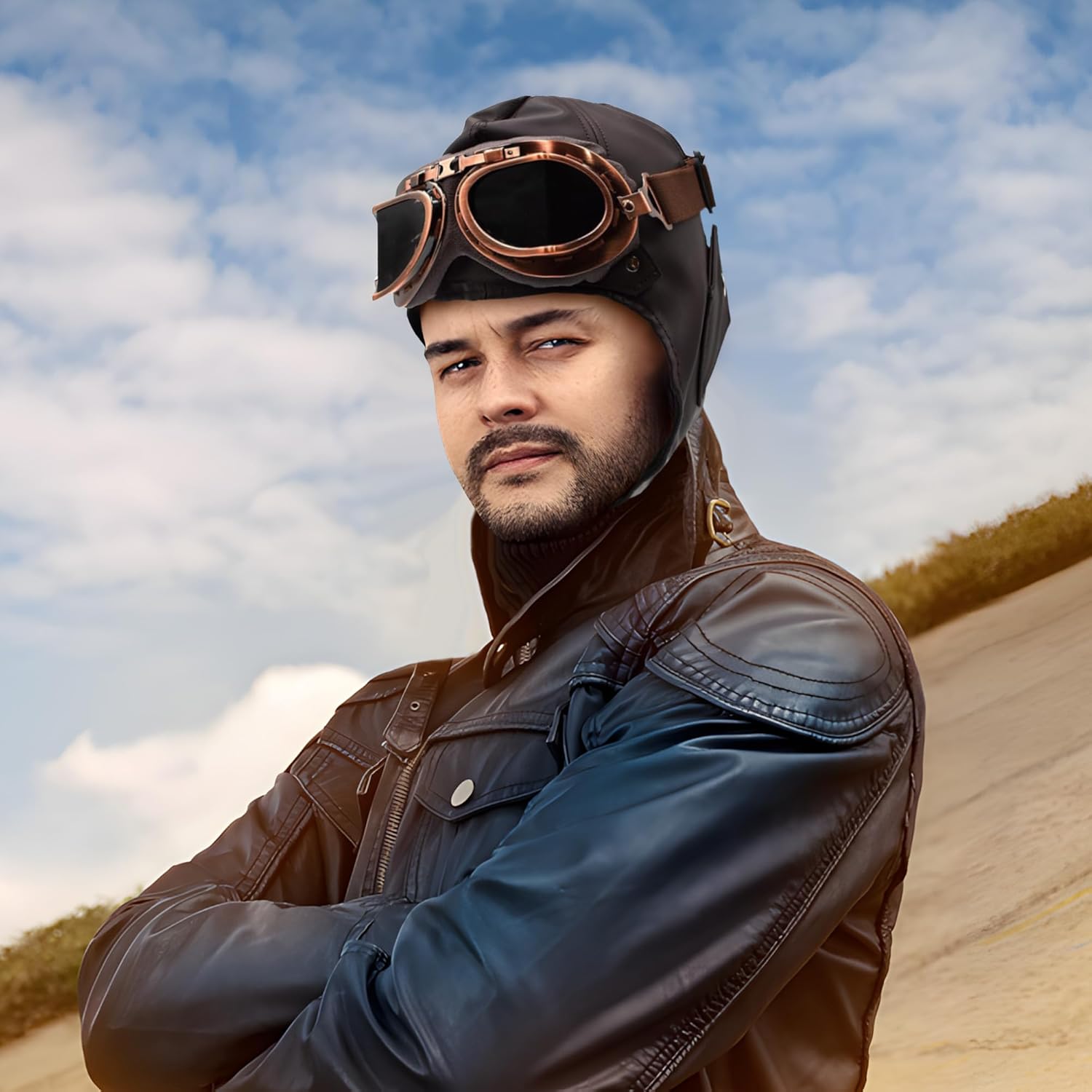 Deluxe Vinyl Retro Pilot Aviator Helmet Kit Flying Hat Goggles and Scarf Costume Set, One Size - Image 7