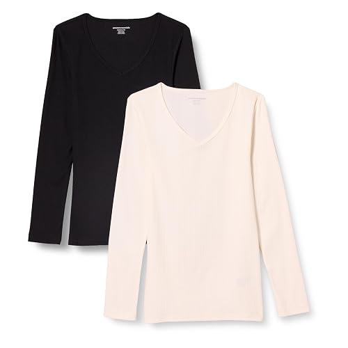 Amazon Essentials Women's Slim-Fit Long Sleeve V-Neck Knit Rib Shirts, Pack of 2