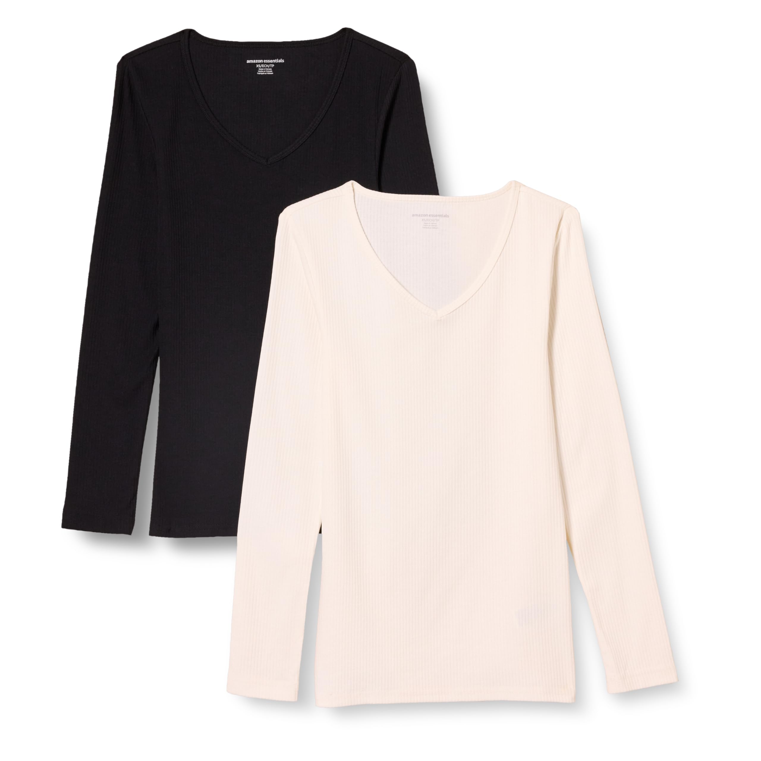 Amazon Essentials Women's Slim-Fit Long Sleeve V-Neck Knit Rib Shirts, Pack of 2, Eggshell White/Black, Small