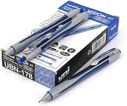 Uni-Ball ubn178 Vision tükenmez kalem, baskı mekanizmalı, orta, 0,6 mm uç, 0,4 mm çizgi mavi Ref 9007081 [12 adet]