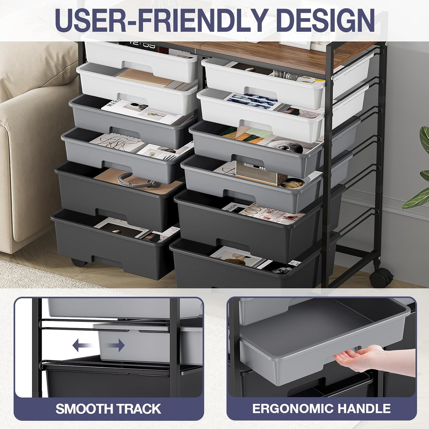 Rolling Storage Cart with 12 Drawers, Wooden Tabletop Utility Cart for Craft Storage, Art Supply Storage & Home Office Organization, Teacher Cart with Wheels for Classroom Organization, School (Grey) - Image 5